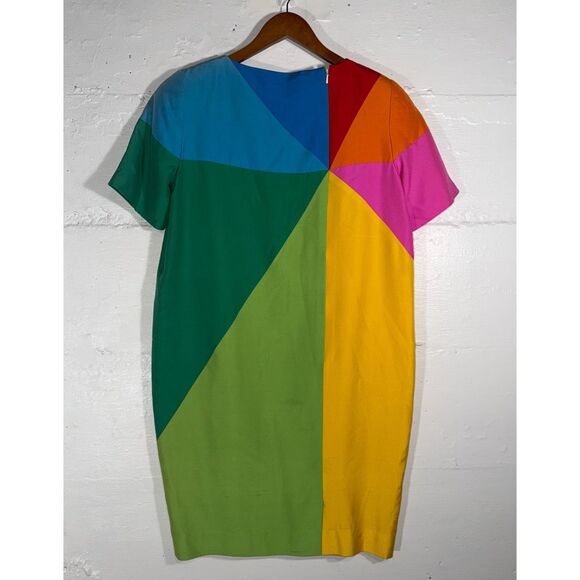 Vintage 80s Silk Colorblock Art Fashion Shift Dress Geometric Rainbow Size 8 - Picture 8 of 12
